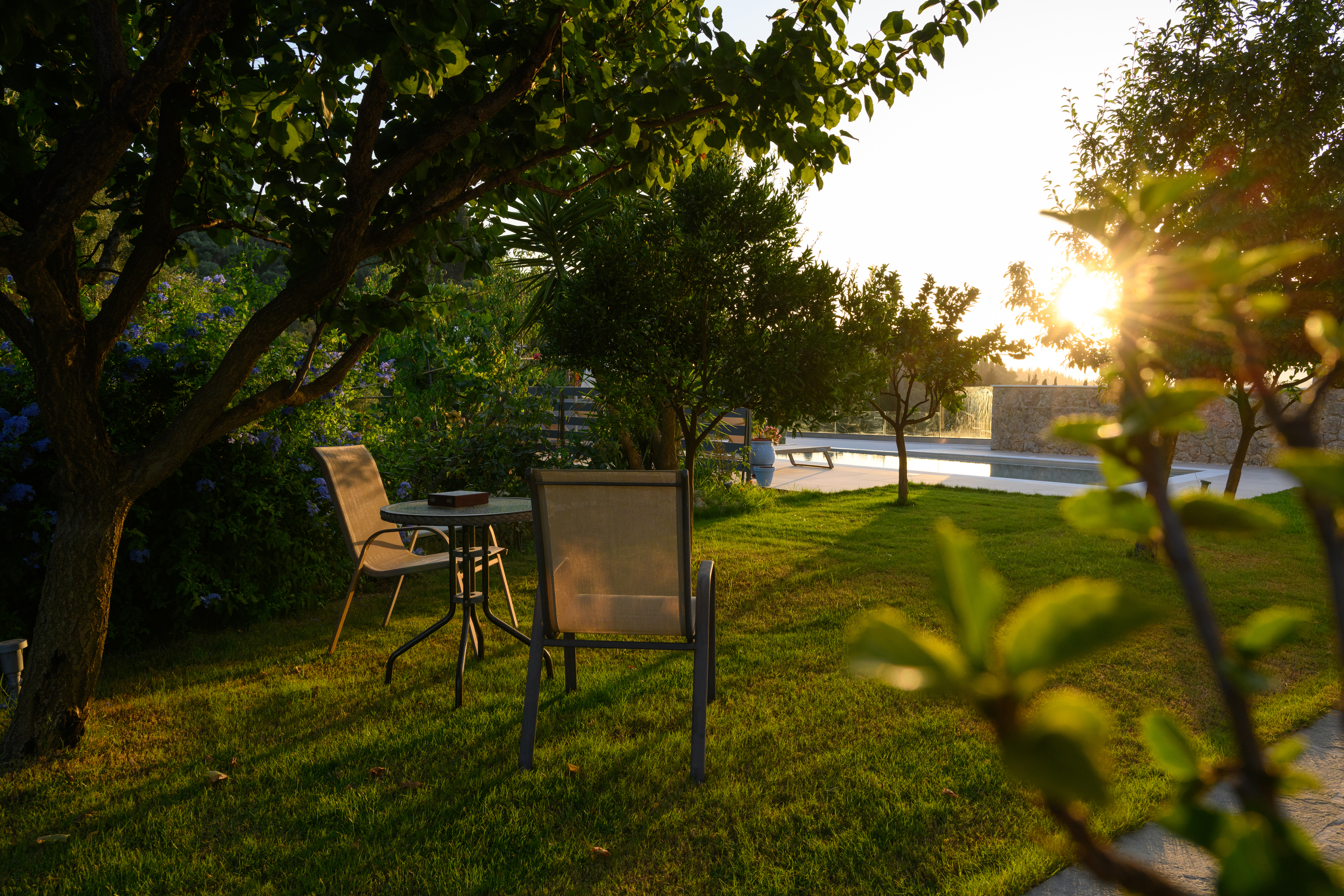 Garden area of the luxury villa in Corfu with Mediterranean plants