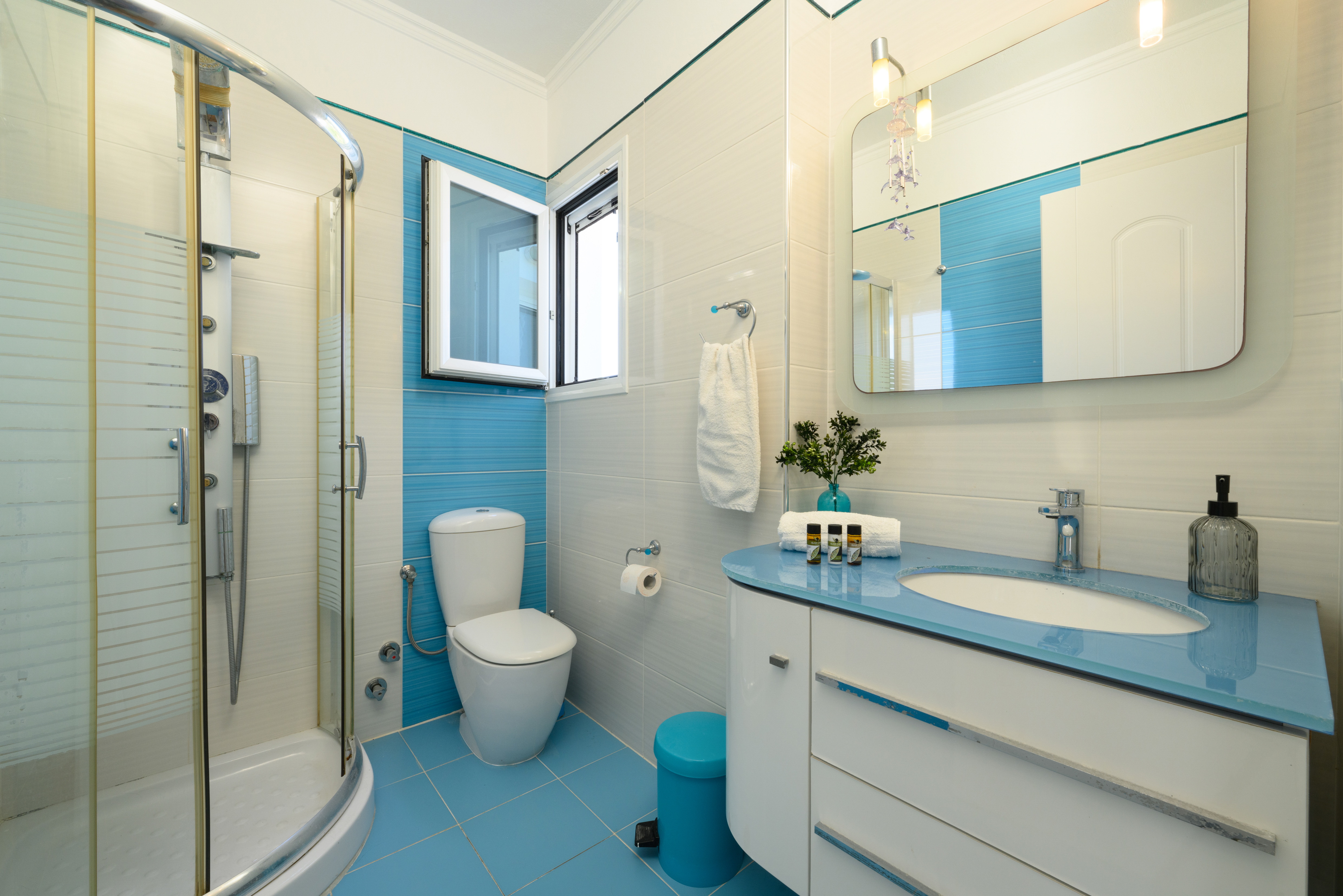 Modern bathroom with shower at Olga’s Luxury Villa Corfu