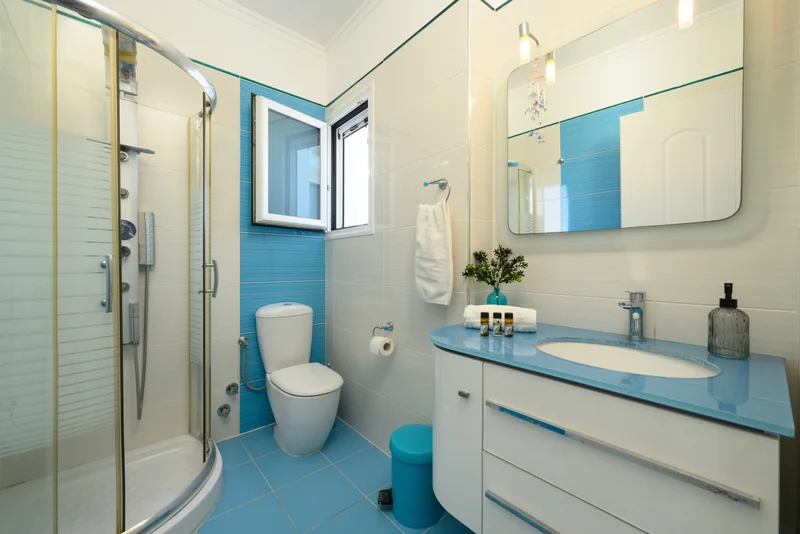 Modern bathroom with shower at Olga’s Luxury Villa Corfu